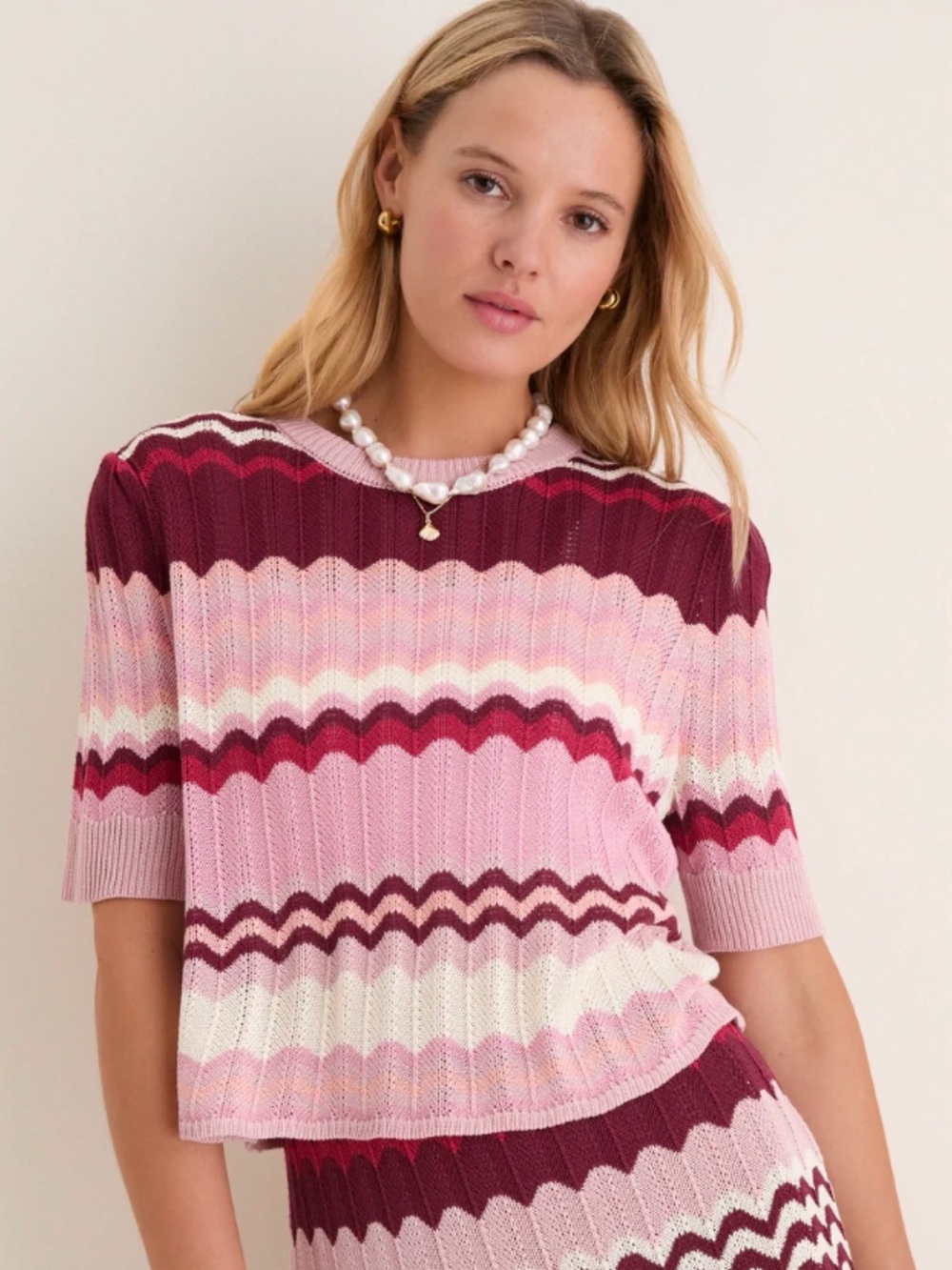 Tuckernuck Pink Chevron Pointelle Knit Short Sleeve Sweater L
